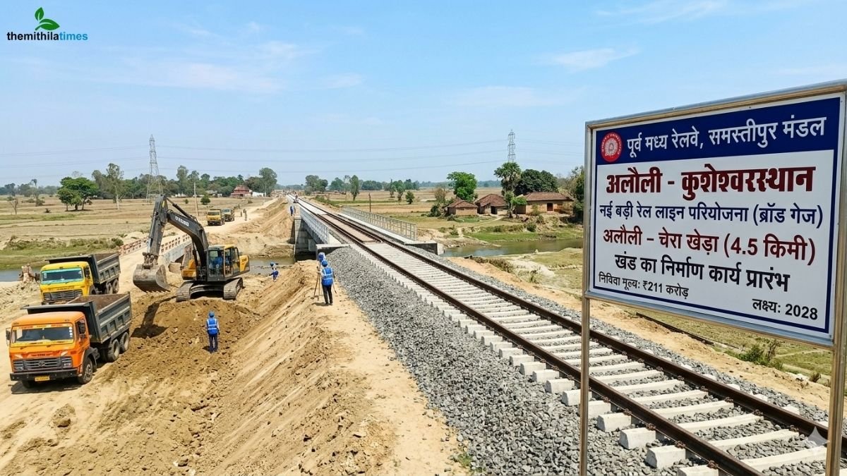 बिहार में अलौली-कुशेश्वरस्थान रेल परियोजना का निर्माण कार्य और रेलवे साइनबोर्ड (Construction work of Alauli-Kusheshwarsthan rail project in Bihar with railway signboard)