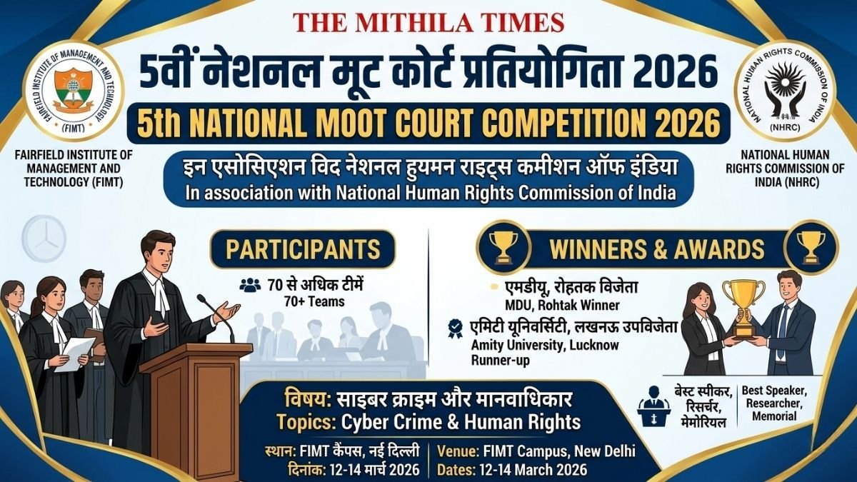 Fairfield Institute of Management and Technology (FIMT) में आयोजित 5वीं नेशनल मूट कोर्ट प्रतियोगिता 2026 का पोस्टर, जिसमें विजेता एमडीयू रोहतक और उपविजेता एमिटी यूनिवर्सिटी लखनऊ के नाम शामिल हैं।