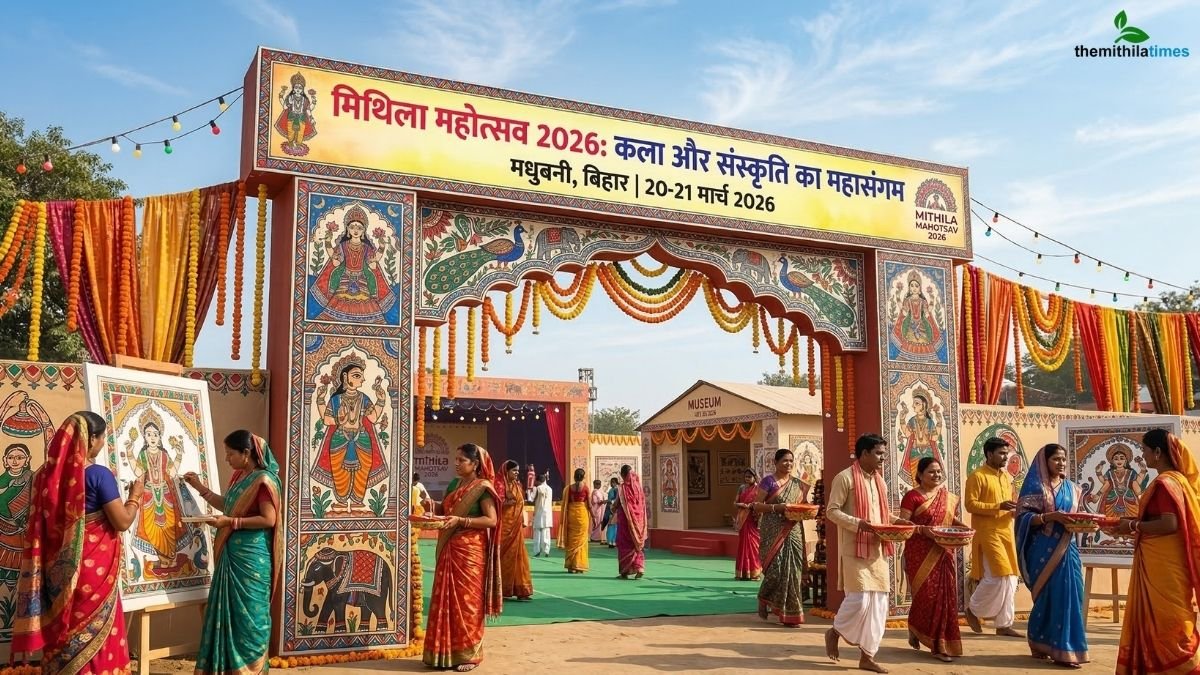 मधुबनी बिहार में आयोजित Mithila Mahotsav 2026 का भव्य प्रवेश द्वार और मधुबनी पेंटिंग बनाती महिलाएं।