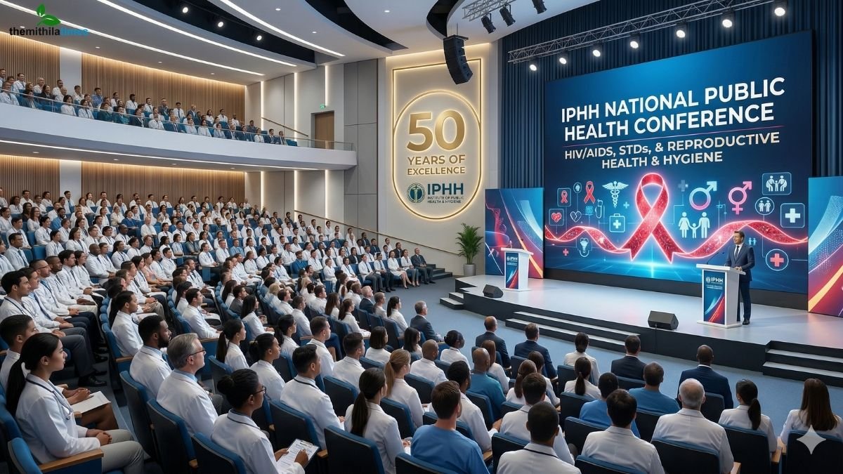 A wide-angle view from the upper seating area of a large, modern auditorium filled with hundreds of attendees dressed in white lab coats. They are watching a keynote speaker on a stage. Behind the speaker, a massive LED screen displays the text "IPHH NATIONAL PUBLIC HEALTH CONFERENCE," "HIV/AIDS, STDs, & REPRODUCTIVE HEALTH & HYGIENE," along with a prominent red ribbon and various public health icons. The stage backdrop on the left features a large "50 YEARS OF EXCELLENCE" logo for IPHH (Institute of Public Health & Hygiene).
