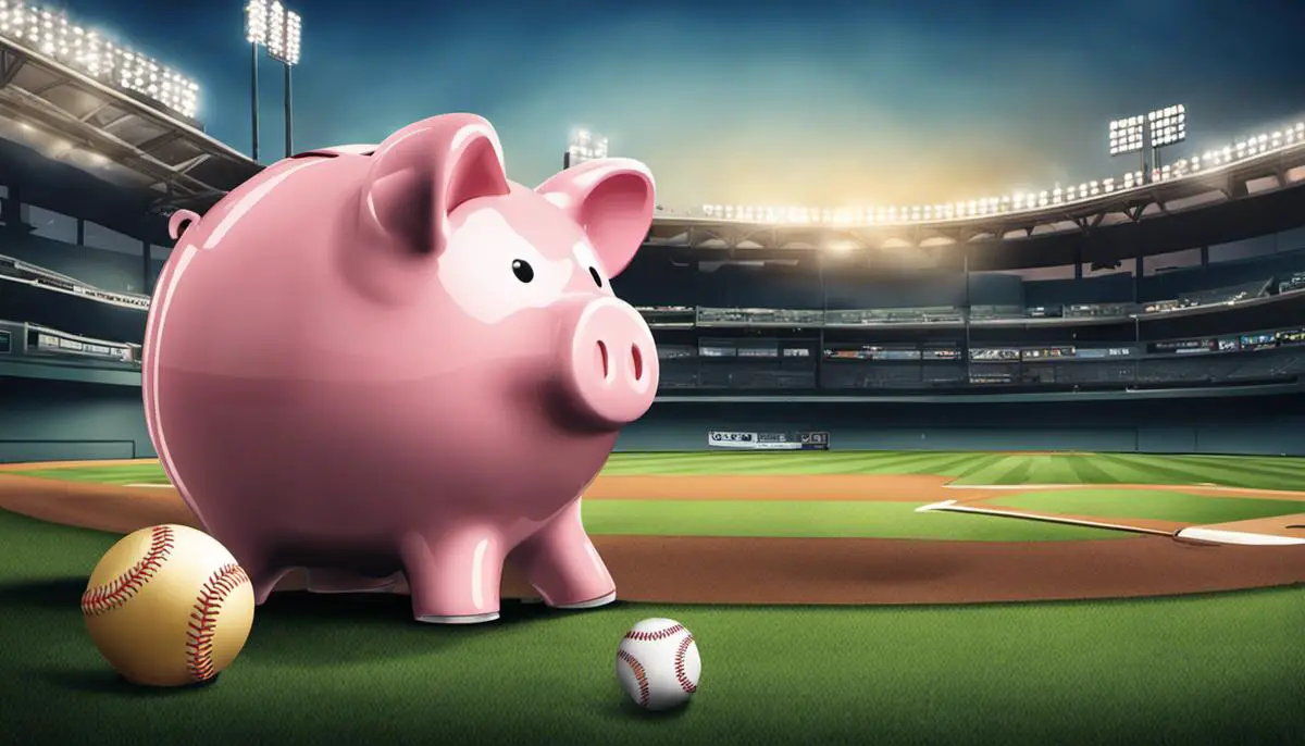 Illustration depicting a baseball field and a piggy bank symbolizing low salaries in minor league baseball